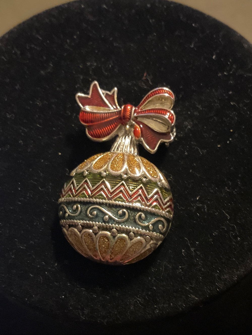 Nina Ricci Christmas Enamel Ornament Brooch in Red, Green & Gold, silver toned